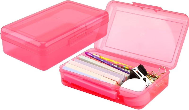 BOEIAC Pencil Box, Plastic Clear Pencil Case, 1 Pack Large Capacity Hard Pencil Case, Clear Crayon Box with Snap-tight Lid Stackable Design, Plastic Storage Box for Office Supplies, Pink Style 2 - Image 1